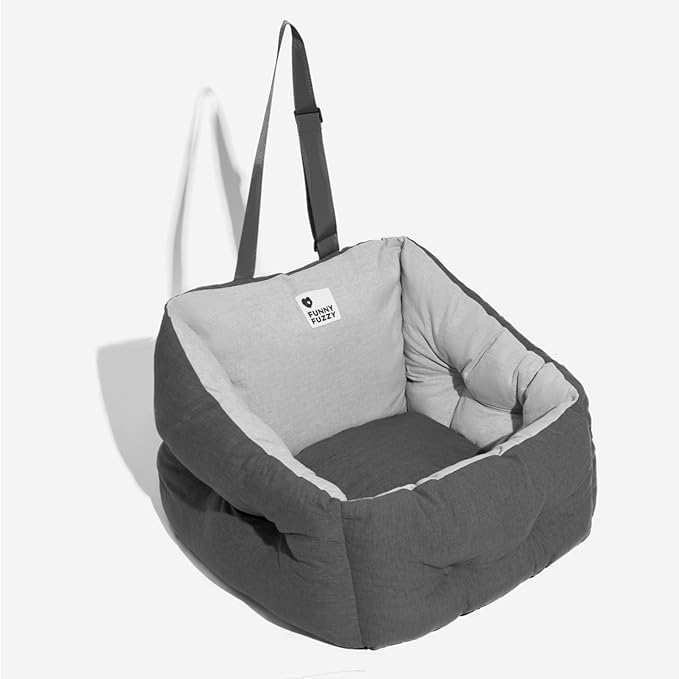 FUNNY FUZZY Dog Car Booster Seat for Small/Medium Dogs Up to 39lbs – Waterproof Fabric, Non-Slip Base, Safety Leash, Fully Detachable & Machine Washable Cover (Gray)