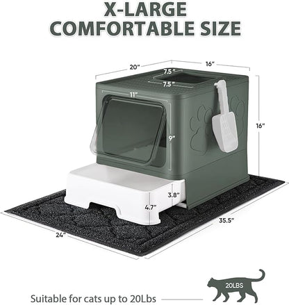 Cat Litter Box with X-Large Litter Mat and Scoop, Large Covered Litter Box with Lid, Enclosed Kitty Box,Front Top Entry Exit, Odor Control Easy to Clean (Upgrade Olive Green)