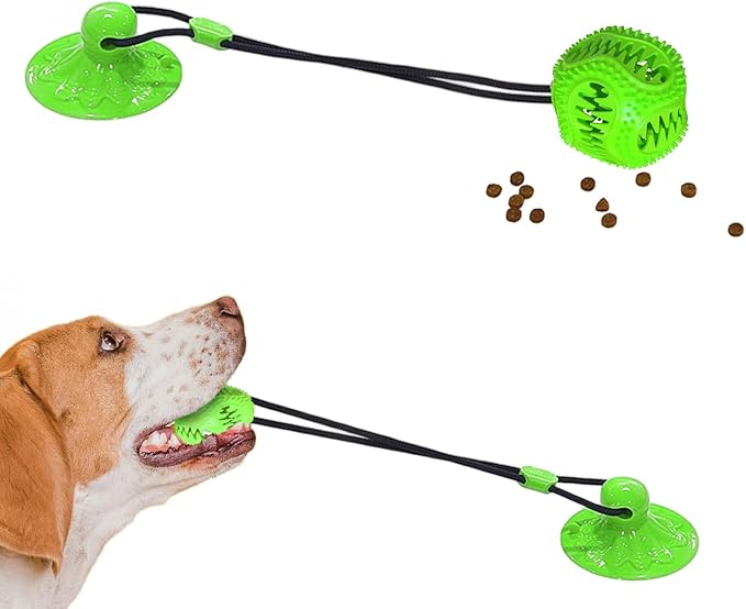 Dog Toys Treat Food Dispensing Ball with Suction Cup for Aggressive Chewer, Tug of War for Pets, Puppy Toys for Teething, Puzzle, Treat Food Dispensing, Pet Chew Tug of War for Medium Dogs (Green)