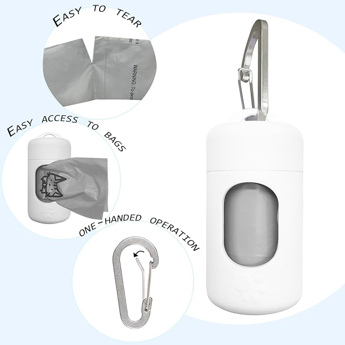 Dog Poop Bag Dispenser for Leash with Snap Clip, Skin-friendly Texture Waste Bag Holder for Dog Walks and Cats, Pets Litter Bag Container, Indoor & Outdoor Use (White, 1)
