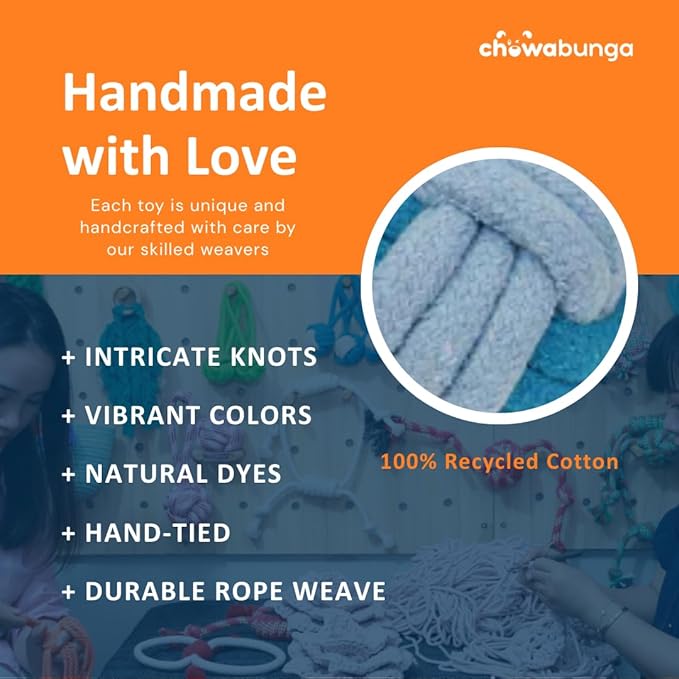 Tug of War Dog Toy 12 Inch Eco Cotton Interactive Dog Rope Toy with Grip Handle & Rope Tug Ball with Natural, Non-Toxic Dyes Tug Toy for Medium & Small Dogs