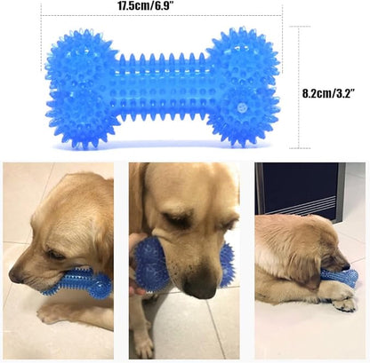 Dog Squeaky Bone Chew Toy for Aggressive Chewers, Durable Dog Rubber Bone Toy Dogs Teeth Cleaning and Training (Blue)