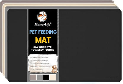 MateeyLife Dog & Cat Food Mat for Floors Waterproof, Nonslip Pet Feeding Mats with Raised Edges, Silicone Matt Tray for Messy Drinkers, 22"x14", Black