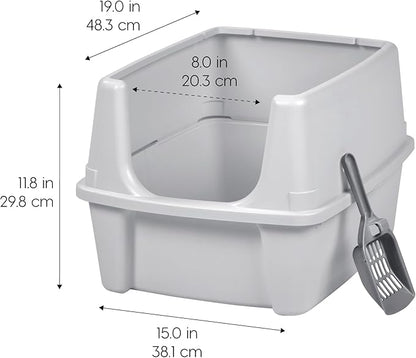 IRIS USA Large Open Top Cat Litter Box with High Sided Walls Tall Scatter Shield Scoop Included Easy Clean Plastic Pan Stain Resistant for Big Cats Kittens Indoor Multi-Cat Households