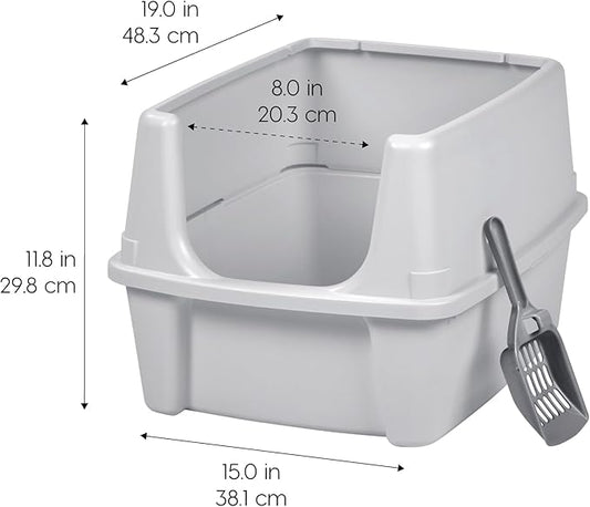 IRIS USA Large Open Top Cat Litter Box with High Sided Walls Tall Scatter Shield Scoop Included Easy Clean Plastic Pan Stain Resistant for Big Cats Kittens Indoor Multi-Cat Households