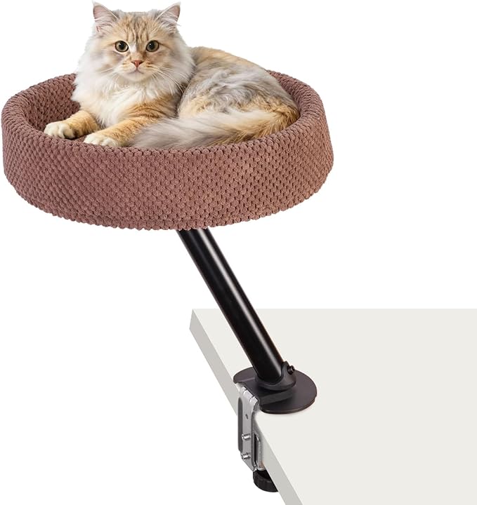 Cat Desk Bed, Cat Nest Bed for Desk Supports Up to 60 lbs, 360° Rotation Soft Cats Hammock, Nest Desktop Attachment Cats Hammock for Various Desktop Side Table Furniture(Brown)