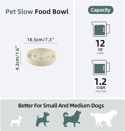 Ceramic 1.2 Cup Slow Feeder Dog Bowl for Medium and Small Breed, 7.3inch Puzzle Dog Food Dish, Anti-Gulping, Stop Bloat, Preventing Choking (Single Bowl-Light Yellow)