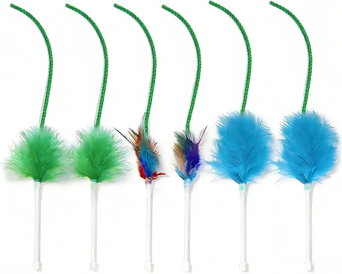 6 Pcs Cat Feather Toys Replacement Compatible with P43, 3 Colors Cat Toy Wand Refills, Cat Toy Feathers Refill, Interactive Cat Teaser Wand Attachments, Only Accessories