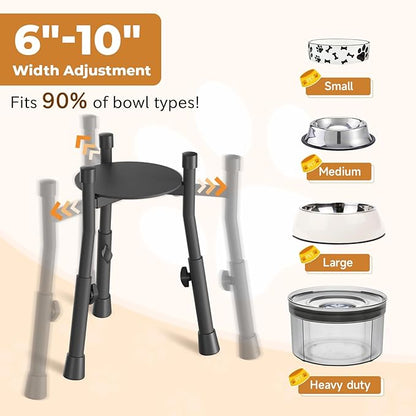 Extra-Stable Elevated Dog Bowl Stand for Large Medium Breeds, Adjustable Size 4 Heights Width 6-10in, Anti-Tip Metal Raised Food Feeder Water Dish Holder, Non-Slip Tall Single Lifted Riser