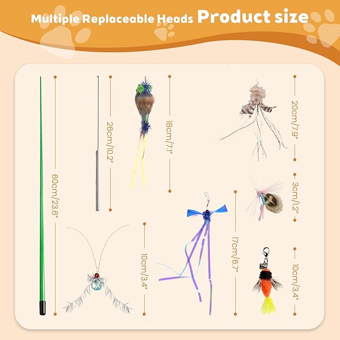 Long 30in - Cat Wand Toy - with Spring Top - Include Cat Wand and 6PCS Feather Insects Refills
