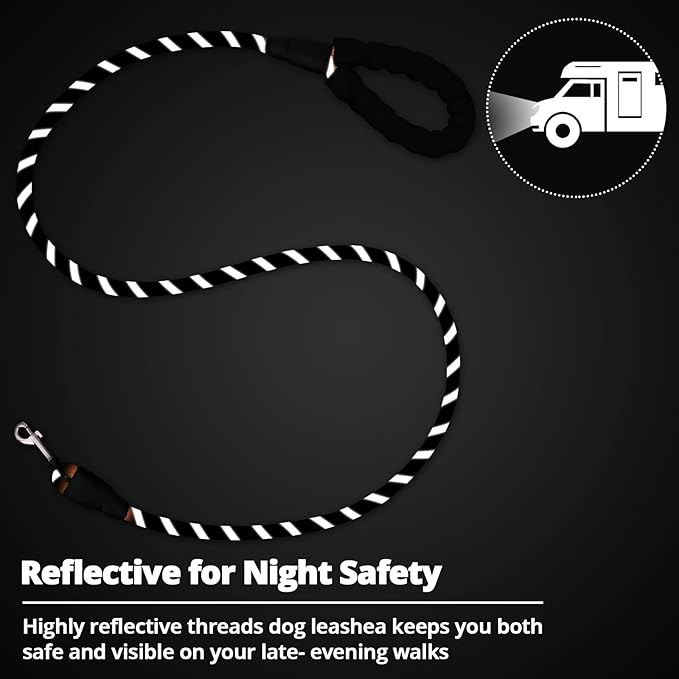 Rope Dog Leash 4 FT: Heavy Duty Leashes with Swivel Lockable Hook Reflective Threads Bungee and Padded Handle - Dog Lead for Large Small Medium Dogs Outside Walking Hiking Black