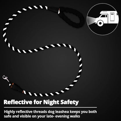 Rope Dog Leash 4 FT: Heavy Duty Leashes with Swivel Lockable Hook Reflective Threads Bungee and Padded Handle - Dog Lead for Large Small Medium Dogs Outside Walking Hiking Black