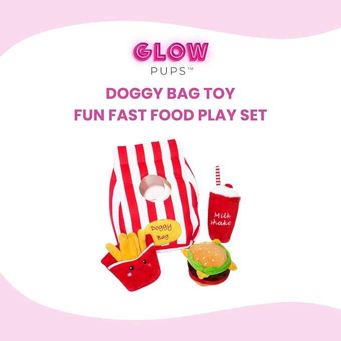 Glow Pups Dog Toys Food Parody Plush Dog Toy with Squeaker, Doggy Bag Hide and Seek Toy, Crinkly Bag for Burrowing Fun, Promotes Mental Stimulation and Reduces Stress, 12" x 9" x 5", Red Striped