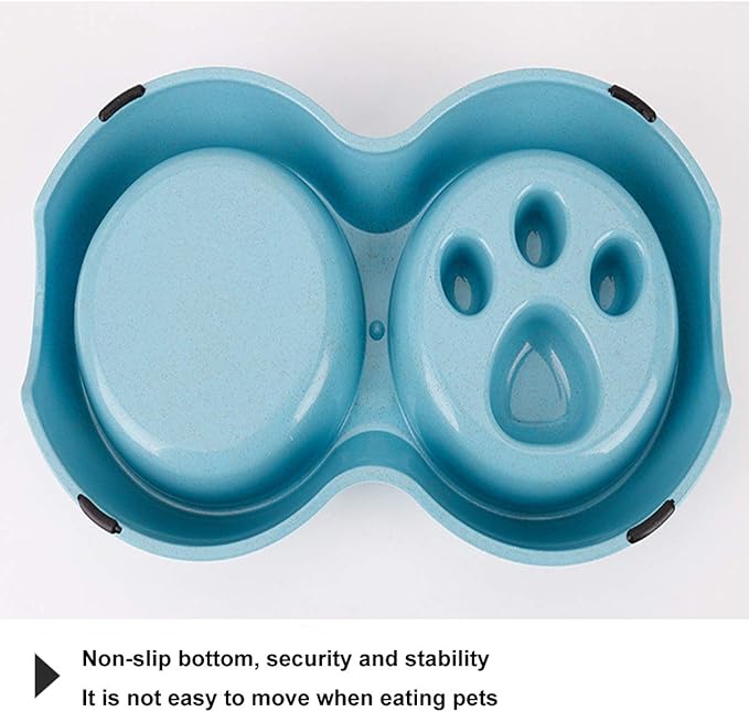 Tineer Double Pet Dog Slow Feeder Bowl,Stainless Steel Anti-Choke Puppy Food and Water Feeder for Dogs Cats (Blue)