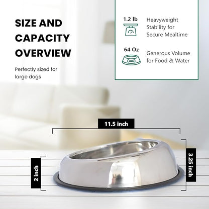 Iconic Pet 8 Cup/64 Oz Heavy Weight Non-Skid Stainless Steel High Back Pet Food/Water Bowls with Removable Anti Skid Rubber Ring - Dog/Cat Feeding Bowl in Unique Design, Dishwasher Safe