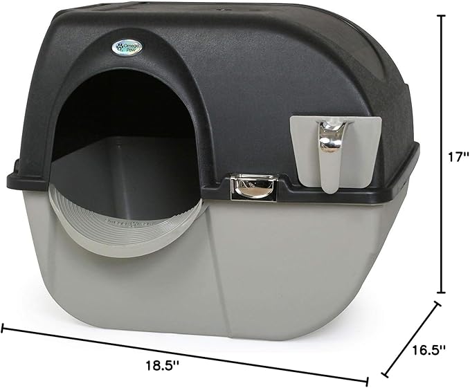 Omega Paw Self Cleaning Cat Litter Box, Elite Roll 'N Clean Litter Box, Regular Size for Kittens and Cats 10 lbs and Under, Black Color (EL-RA15-1) with Integrated Litter Step and Chrome Accents