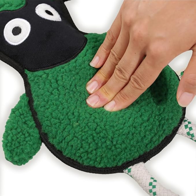 Green Sheep Rope Toy for Dogs, Durable Squeaky Dog Toys for Small Medium Large Dogs, Interactive Plush Fabric Chew Toy with PP Cotton & Recycle Cotton Rope, Tough Stuffed Animals to Keep Them Busy
