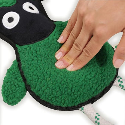 Green Sheep Rope Toy for Dogs, Durable Squeaky Dog Toys for Small Medium Large Dogs, Interactive Plush Fabric Chew Toy with PP Cotton & Recycle Cotton Rope, Tough Stuffed Animals to Keep Them Busy
