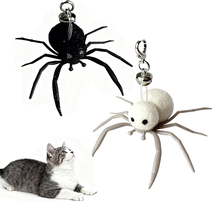 2Pcs Cat Toy Spider Refills – White & Black Heads with Bell/Lobster Claw, Feather Wand Replacement for Kitten Interactive Play