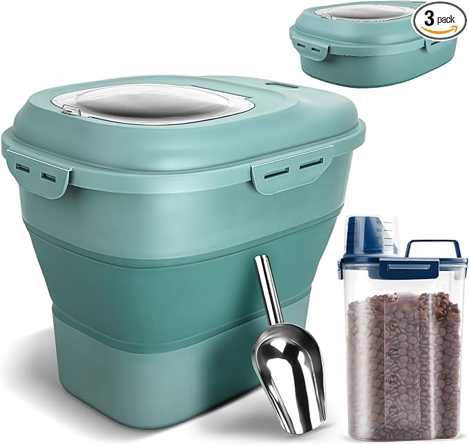 Dog Food Storage Container, Airtight Collapsible 13lb to 30lb Pet Food Container with Flip Top, Rolling Wheel, Scoop and 3L small container for Dog Cat Food and Dry Food of Rice, Flour