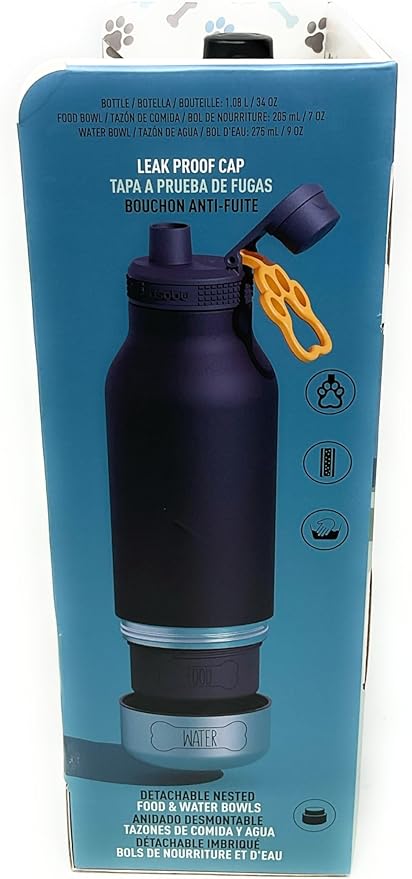 Asobu Dog Buddy Bottle - Stainless Steel Insulated Water Bottle for Humans with Removable Dog Bowl and Food & Treat Storage - 34 Oz, 2 Pack (Blue/Black)