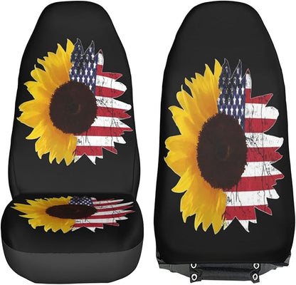 Foruidea Sunflower with American Flag Car Seat Covers Universal 2 Pcs Auto Front Seat Cover Fit Most Cars,SUV,Sedan,Trucks