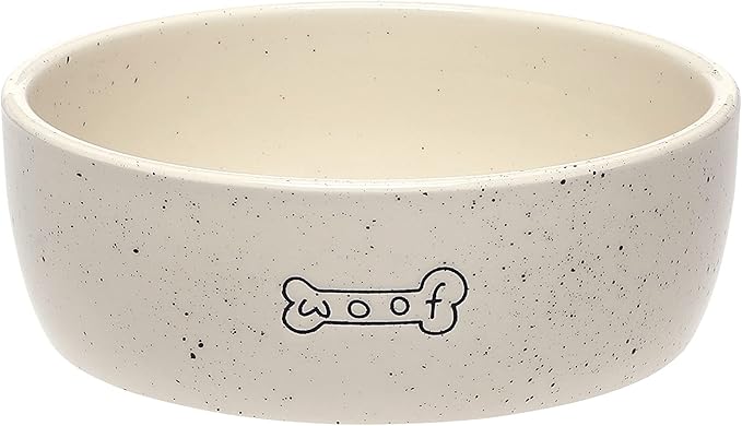 Pearhead Ceramic Dog Bowl – “Woof” Speckled Pet Food & Water Dish, Durable Stoneware, Non-Slip Heavy Base, 20 oz, Medium