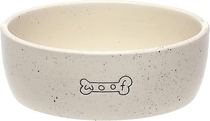 Pearhead Ceramic Dog Bowl – “Woof” Speckled Pet Food & Water Dish, Durable Stoneware, Non-Slip Heavy Base, 20 oz, Medium