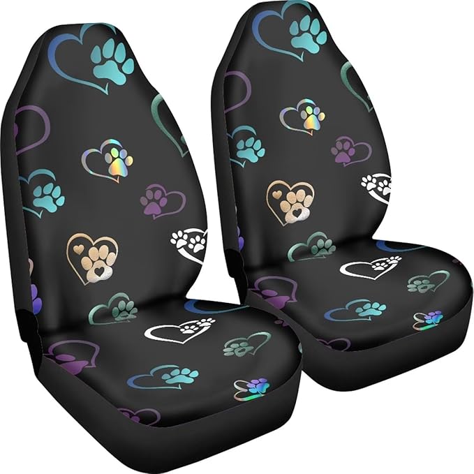 Colorful Heart Dog Paw Print Car Seat Covers Full Set of 2, Cloth Seat for Auto Front Seats, Black Bucket Seat Covers for Cars Washable and Breathable Car Accessories for Sedan Truck SUV