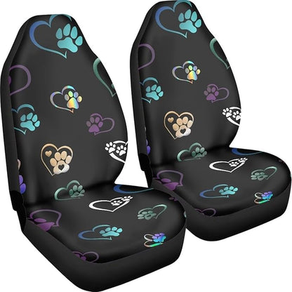 Colorful Heart Dog Paw Print Car Seat Covers Full Set of 2, Cloth Seat for Auto Front Seats, Black Bucket Seat Covers for Cars Washable and Breathable Car Accessories for Sedan Truck SUV