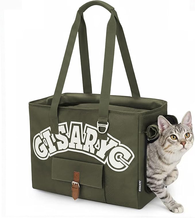 Dog Purse Carrier for Small Dogs, Cats and Puppies – Soft-Sided Foldable Pet Travel Bag with Multi Pockets, 3-Sided Mesh & Rollable Cover for Nervous Cats, Fits Pets up to 15 lbs (Olive Green)