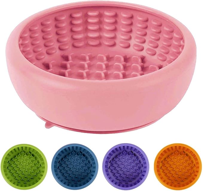 Dog Lick Bowl, ZOURYNUA Non-Slip Slow Feeder Dog Bowls, Enrichment Licking Mat for Distraction, Anxiety Relief Treat Dispenser Freezer, BPA Free Silicone & Dishwasher Safe (Pink, Small)