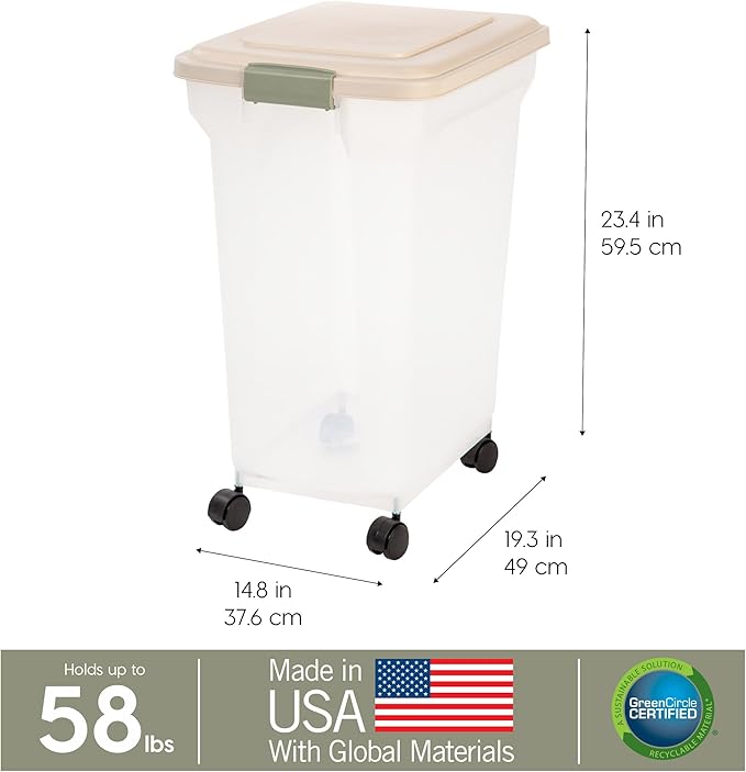 IRIS USA Dog Food Storage Container 58 lbs, Attachable Wheels, for Dog Cat Birds and other Pets, Food Storage Bin, Keep Fresh, Easy Mobility, BPA Free - Made in the USA, Almond/Clear