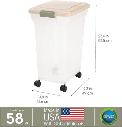 IRIS USA Dog Food Storage Container 58 lbs, Attachable Wheels, for Dog Cat Birds and other Pets, Food Storage Bin, Keep Fresh, Easy Mobility, BPA Free - Made in the USA, Almond/Clear