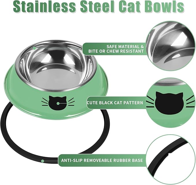 Serentive 2 Pcs Non-Slip Stainless Steel Small Cat Food Bowls - Unbreakable, Thicken 7 Oz Cat Dishes - Indoor, Removable Rubber Base, Easily Clean, Lovely Color