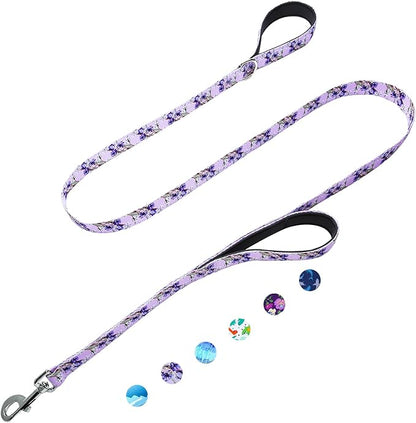 Double Handle Dog Leash 5ft with 2 Padded Handles, Cute Purple Dog Leash with Soft Dual Handle, Walking Training Lead for Small Medium Large Dogs, Lavender Lily