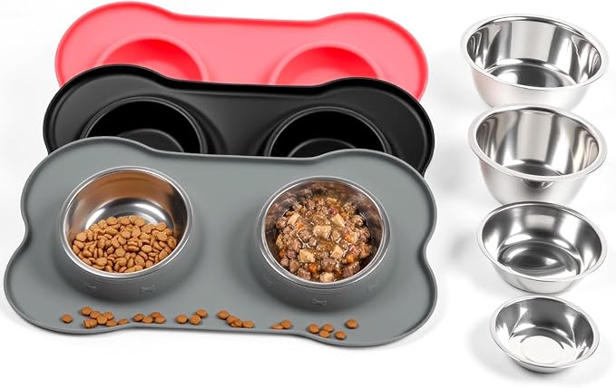 Stainless Steel Dog Bowls with Non-Slip Silicone Mat, Spill Proof Food & Water Bowls Set, Easy Clean Puppy Food Dish, Dishwasher Safe, Suitable for Dogs Cats Pet Under 20lbs, Small, Grey
