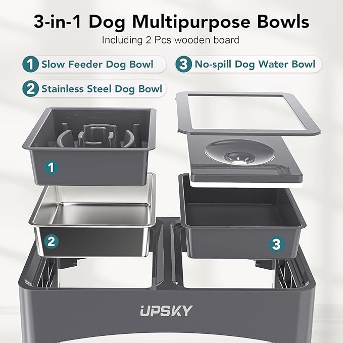 3-in-1 Elevated Dog Bowls Slow Feeder, 4 Height Adjustable Raised Dog Bowl with 2 Pcs Wooden Lids, No Spill Water Bowl Dispenser, Stainless Steel Pet Food Bowls for Medium Dogs
