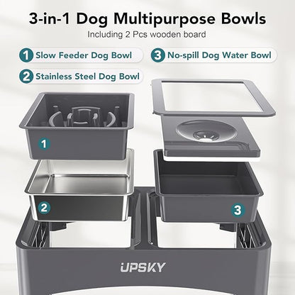 3-in-1 Elevated Dog Bowls Slow Feeder, 4 Height Adjustable Raised Dog Bowl with 2 Pcs Wooden Lids, No Spill Water Bowl Dispenser, Stainless Steel Pet Food Bowls for Medium Dogs