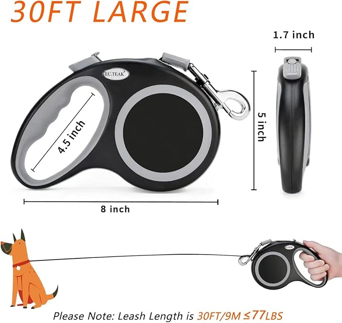 Retractable Dog Leash, 30 FT Dog Walking Leash for Small Medium Large Dogs up to 110 lbs, Heavy Duty No Tangle, Black