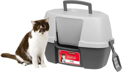 IRIS USA Corner Cat Litter Box - Enclosed Corner Litter Box with Scoop, Hooded Litter Tray for Corners, Space-Saving Covered Litter Box, Odor Defensive, Dark Gray