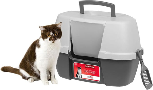 IRIS USA Corner Cat Litter Box - Enclosed Corner Litter Box with Scoop, Hooded Litter Tray for Corners, Space-Saving Covered Litter Box, Odor Defensive, Dark Gray