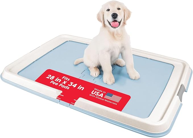 IRIS USA Pee Pad Holder - for Large Sized Dog and Puppy Pee Pads, Secured Latches, Non-Skid Feet, High Polish Finish for Easy Cleaning, Leak Protection, Fits 28"x34" Pad or Larger, Square, Blue