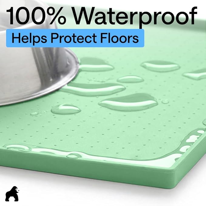 GORILLA GRIP 100% Waterproof Raised Edge BPA Free Silicone Pet Feeding Mat, Dog Cat Food Mats Contain Spills Protects Floors, Placemats for Cats and Dogs Water Bowl, Pets Accessories 18.5x11.5 Mint