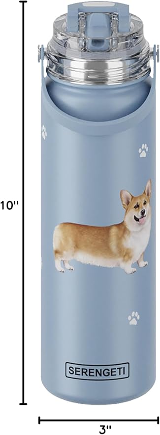 SERENGETI 24 Oz Water Bottle Stainless Steel with Spill Proof Lid - Double walled Vacuum Insulated water flask - Realistic 3D Print of your favorite dog (Welsh Corgi)