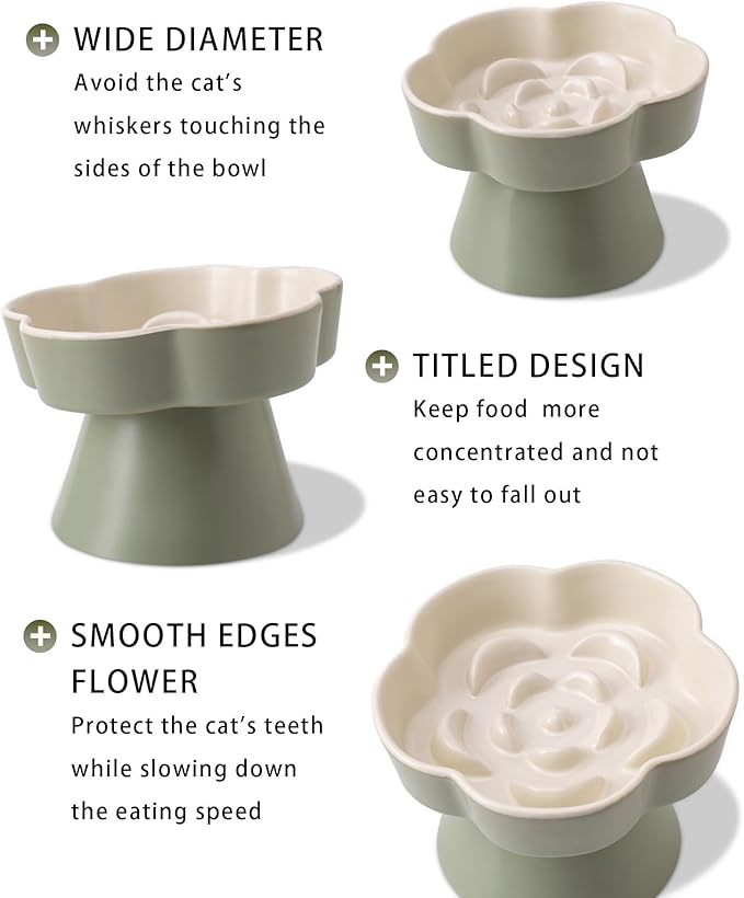 Tilted Cat Bowl, Flower-Shaped Ceramic Slow Feeder Cat Bowl, Raised Pet Bowl for Whisker Relief, Prevents Vomiting & Bloating, Non-Slip Base, Easy to Clean for Dry/Wet Food (Lavender & Yellow)