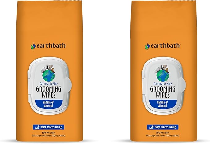 earthbath, Oatmeal & Aloe Grooming Wipes - Dog Wipes for Paws and Butt, Pet Wipes for Dogs & Cats, Helps Relieve Itchy & Dry Skin, Made in USA, Cruelty-Free - Vanilla & Almond 100 Count (2 Pack)