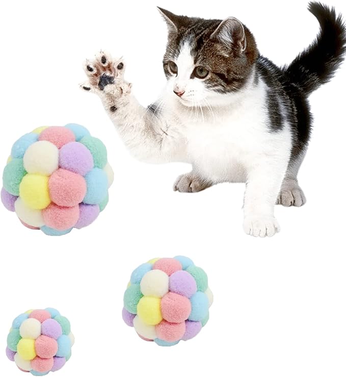 Andiker Cat Ball Toy, 3 pcs Handmade Colorful Woolen Yarn Balls SML Size for Cats Doing Exercise and Scratching Toy, Interactive Chasing & Chewing Toys Within Bell Cat Toys for Indoor Cats (SML)