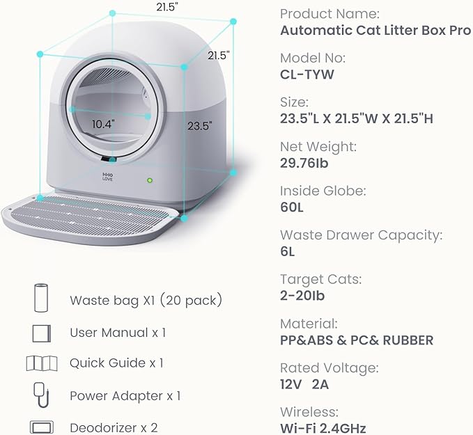 HHOLOVE Self Cleaning Cat Litter Box TY Pro, 60L Extra Large Open Automatic Litter Box App Control, Anti-Pinch for Multi Cats 3-20lbs, Advanced Odor Control with Mat&Liner(Grey)