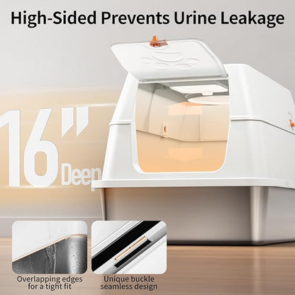 Stainless Steel Cat Litter Box with Lid, 180° Flip-Top XL Extra Large Enclosed Litter Box, Covered Metal High Sided Litter Pan with Steps & Scoop, Easy Cleaning, Odor Control,Non-Sticky-White